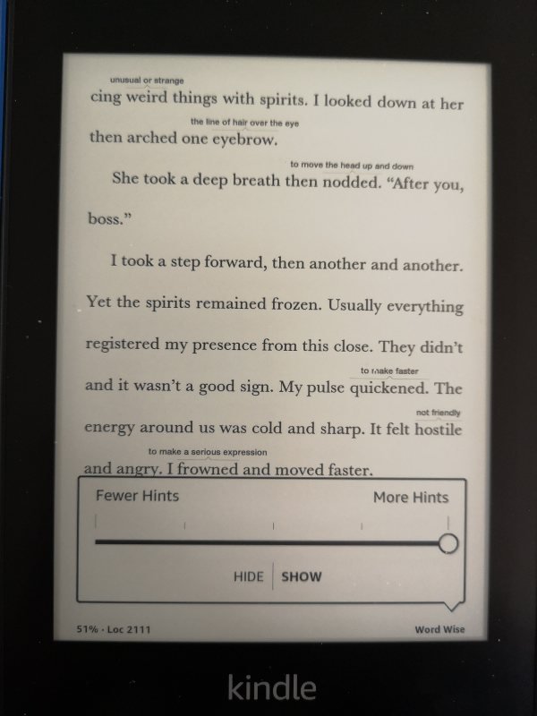 Shows the Kindle Word Wise working on more hints mode